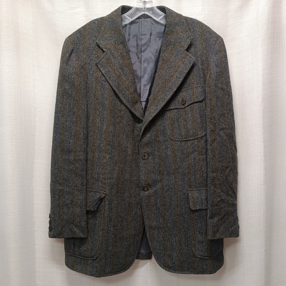 Vtg Cricketeer Pennington's Wool Gray Gold Herringbone Mens 42R 3‎ Button Blazer